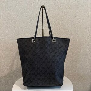 Gucci GG Canvas Tote Black Denim with Black Leather Trim